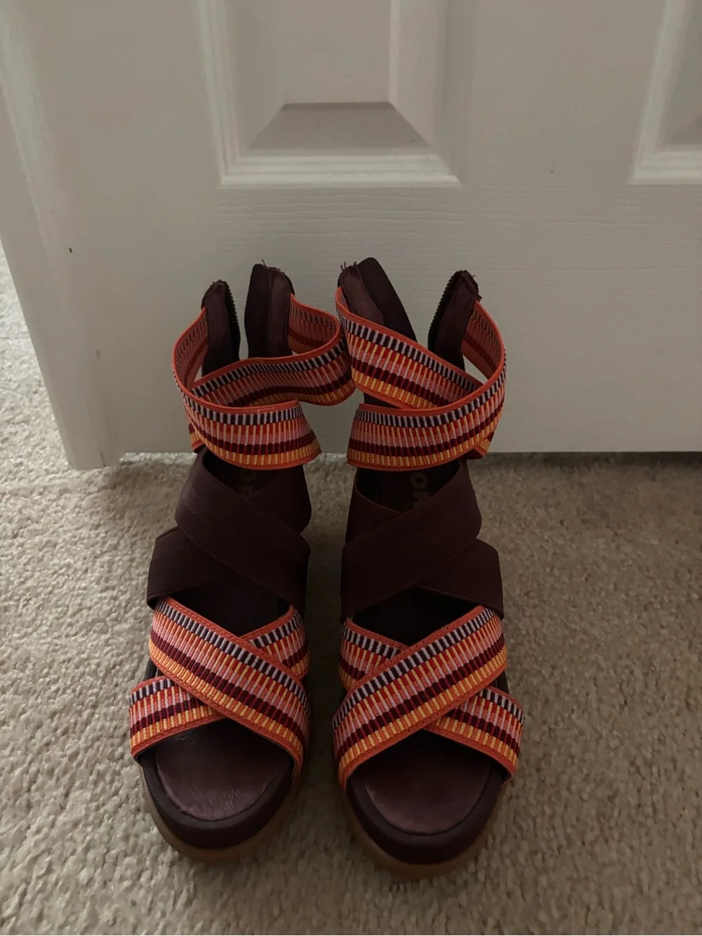 Sorel Women’s Strappy Wedge Sandals in Burgundy and Orange